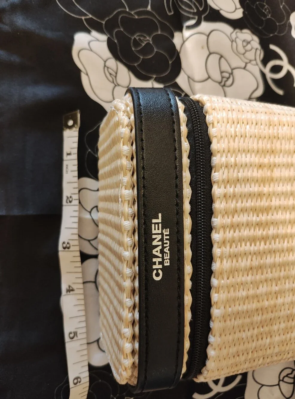 Beige Woven Beauté Mini Bag with Black Trim